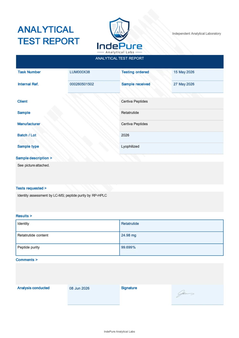 Certificate of Analysis — Certiva Retatrutide, batch 2026, 99.699% HPLC purity