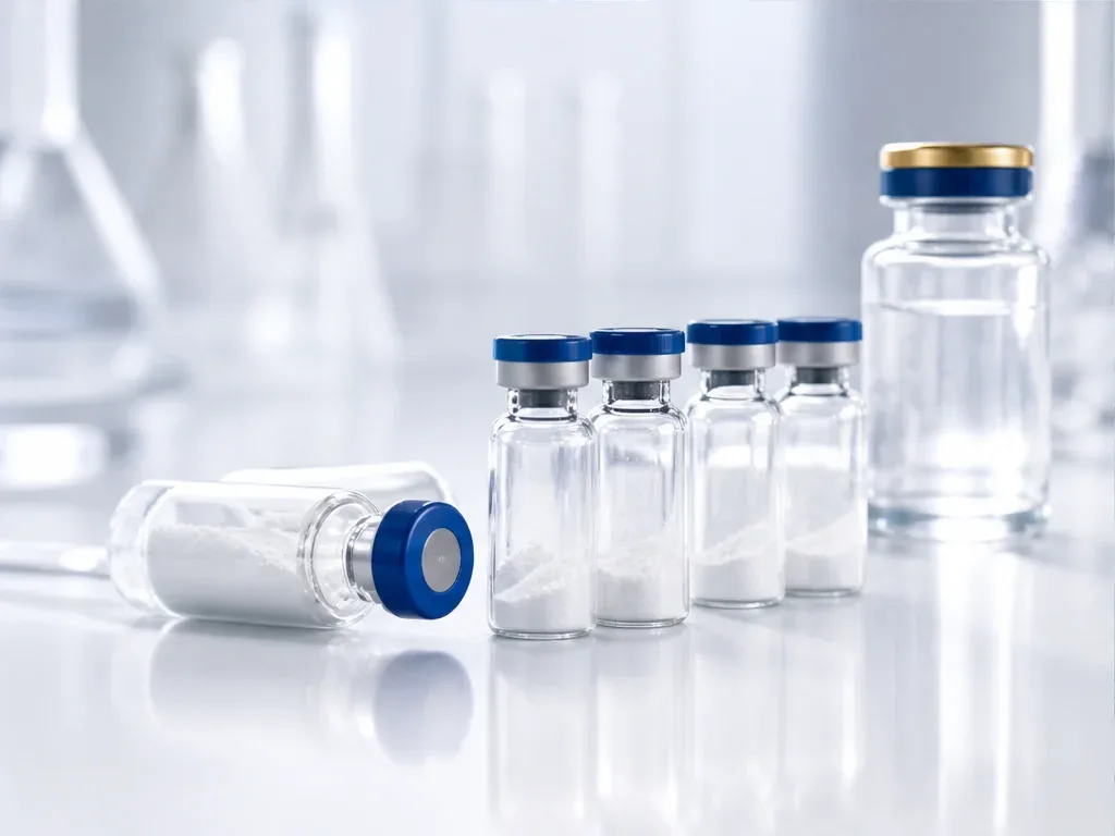 Peptide procurement desk comparing one sample box with organized bulk cartons and an MOQ checklist